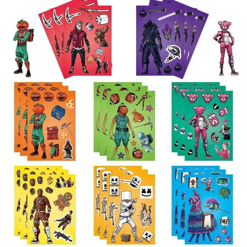 Fortnite 8 fogli adesivi puzzle Kawaii Make A Face Book adesivi simpatico cartone animato fai da te adesivo divertente giocattoli per bambini