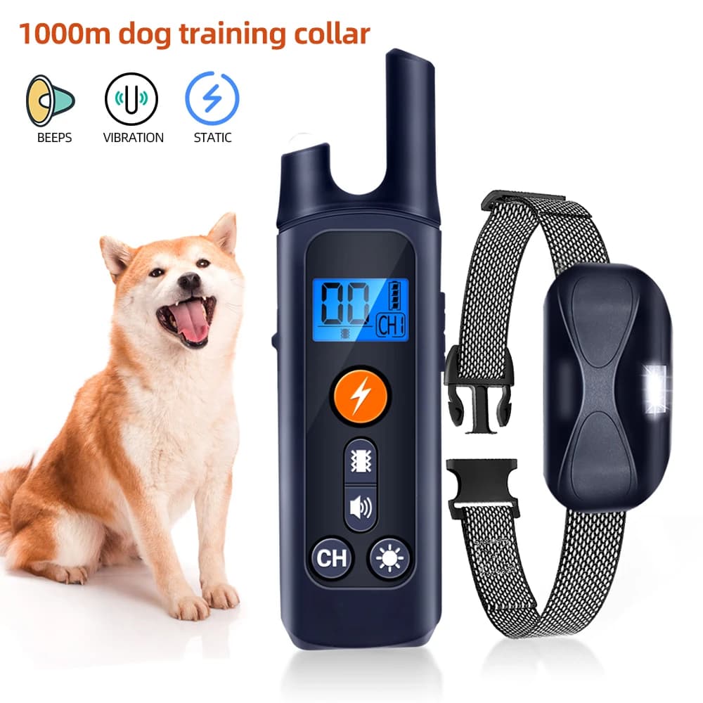 Collare per Addestramento Cani Impermeabile Ricaricabile con Telecomando 1000m, Elettroshock, Vibrazione e Suono