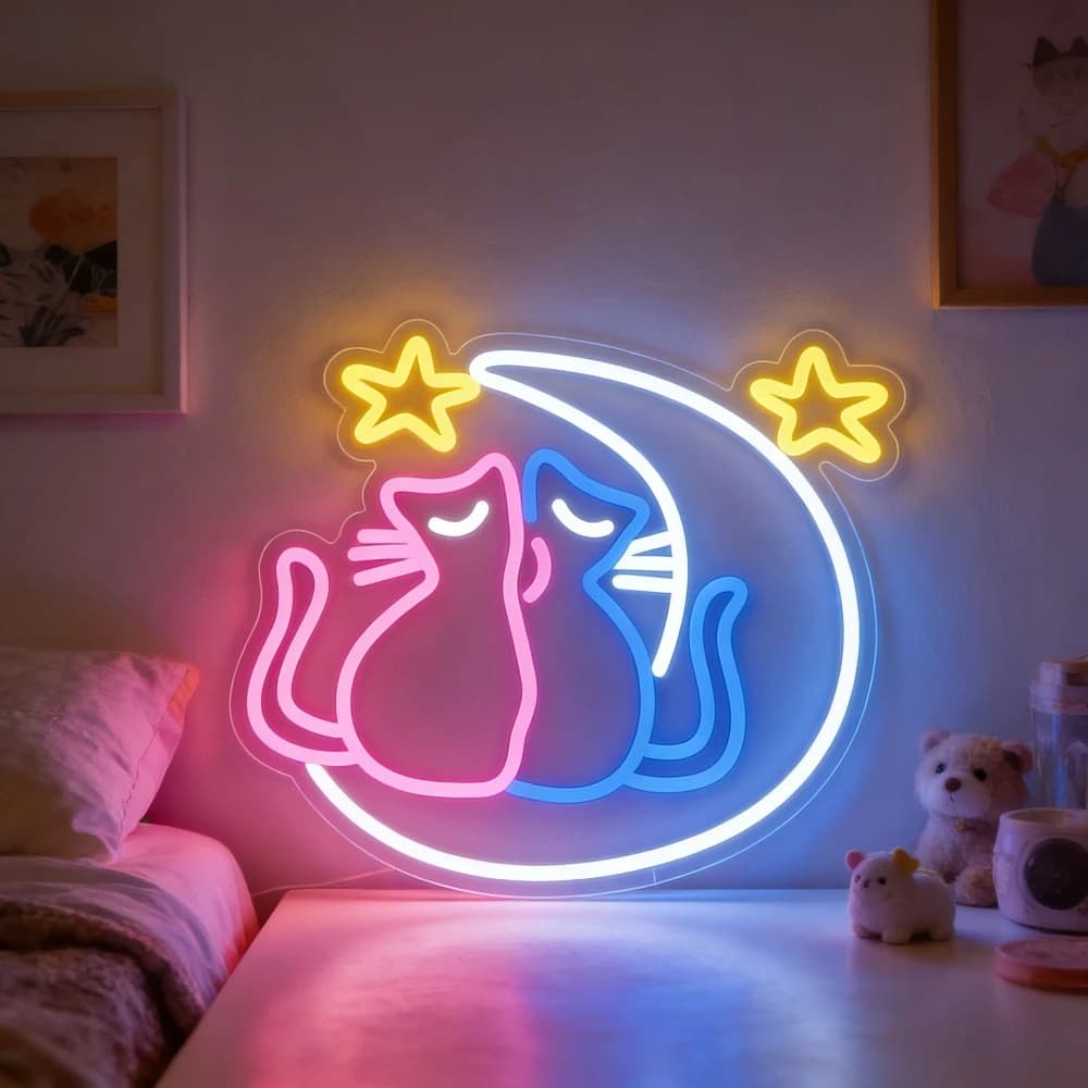 Insegna al Neon Moon Cats, Regalo di Compleanno Carino, Luce al Neon LED Dimmerabile Rosa Blu Giallo per Camera da Letto, Stanza dei Bambini, Feste, Matrimoni, Decorazione Murale