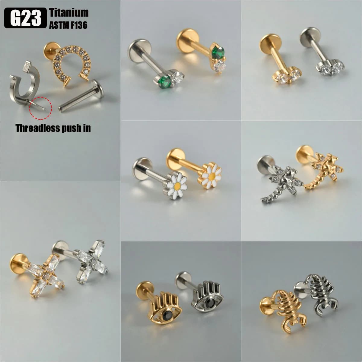 1PC G23 Titanio Senza Filettatura Push In Labret Anelli Del Labbro Croce Libellula Dell'orecchio Cartilagine Trago Helix Orecchino Lobo Penetranti gioielli