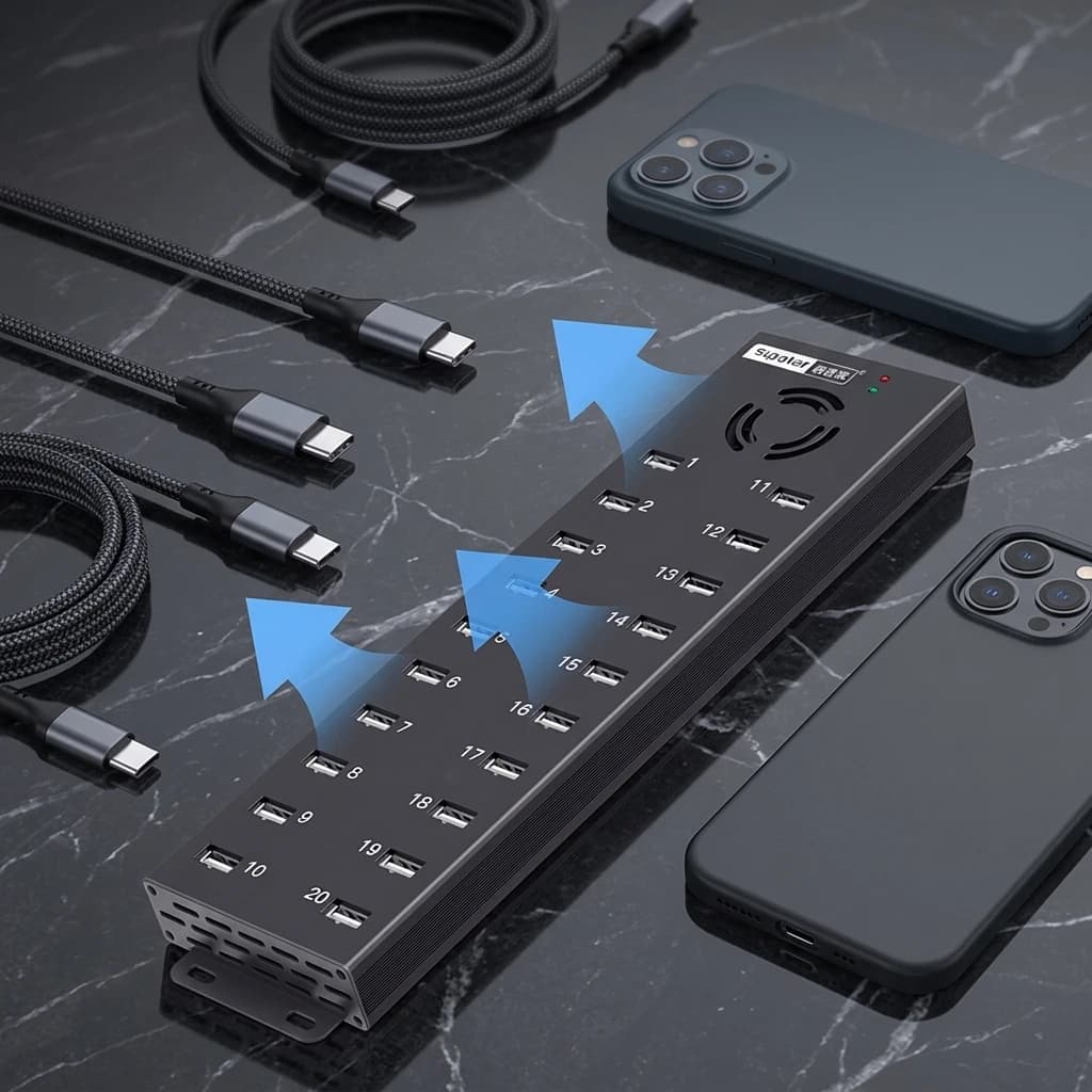 120W 20 Port USB Hub Industrial A-805P Multiple Device Phone Farm Charging Station with 12V 10A Desktop Power Adapter