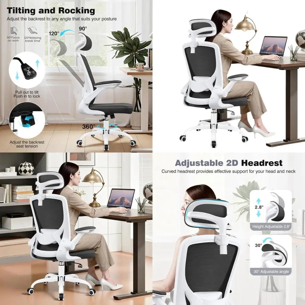 Sedia da scrivania ergonomica con supporto lombare, braccioli regolabili, comoda per lavorare o giocare, bianca