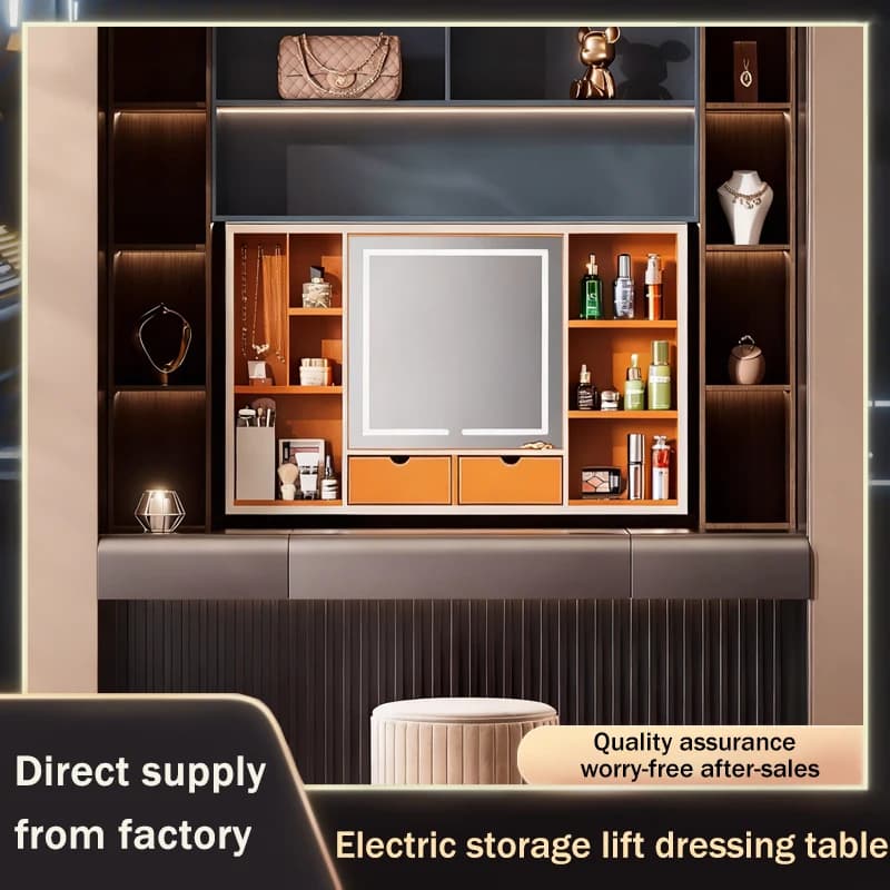 High End Smart Voice Control Motorized Lifting Hidden All In One Wardrobe Vanity With Makeup Mirror Watch Winder And Storage
