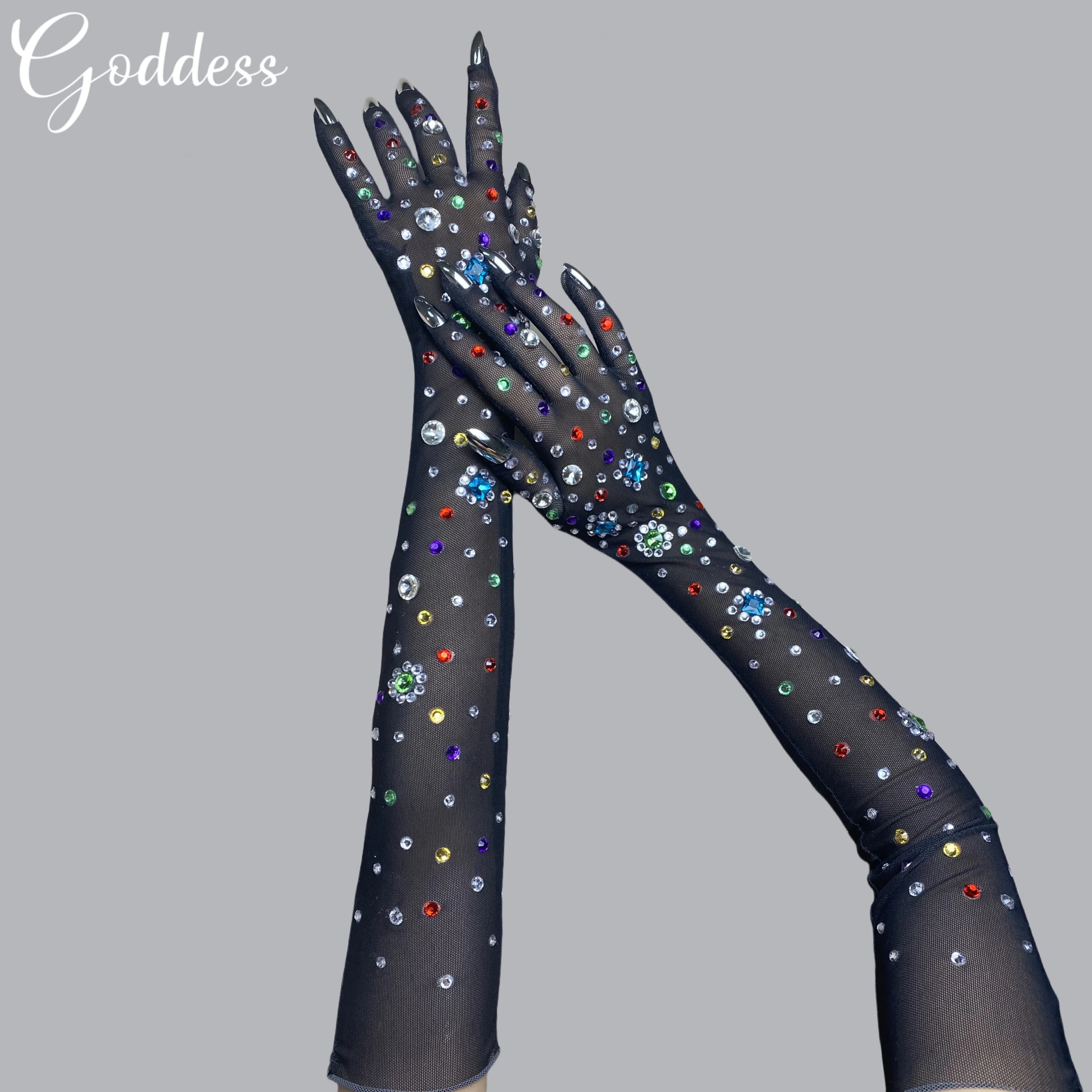 Guanti in rete nera con strass colorati scintillanti Accessori per abiti sexy Guanti per spettacoli teatrali da showgirl con unghie finte