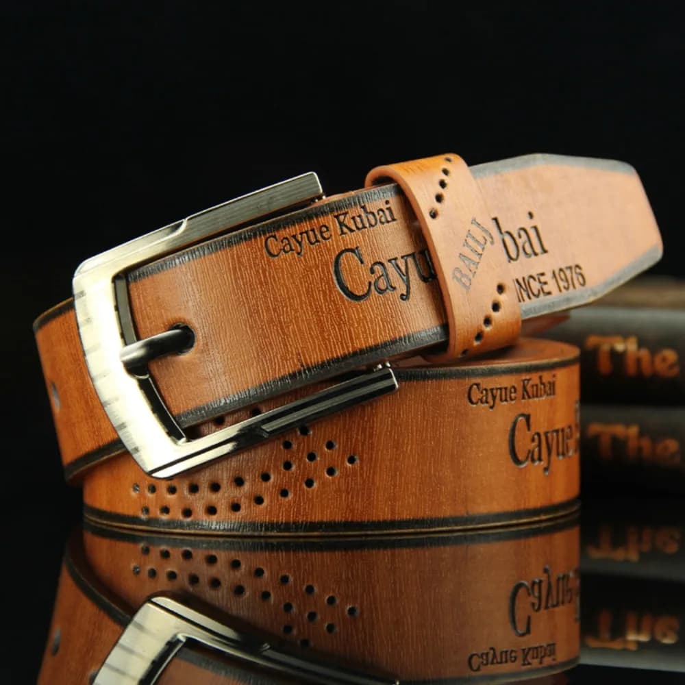 Cintura da Uomo in Pelle con Stampa Lettering, Fibbia Classica di Lusso, Stile Business Cowboy Vintage, Cinture in Lega