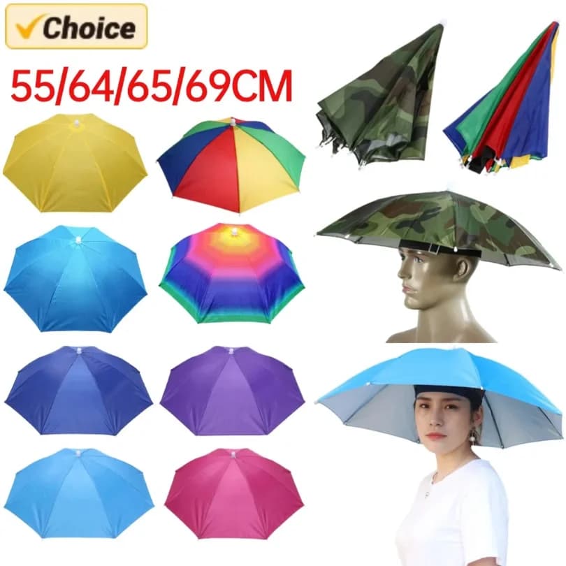 Foldable Umbrella Hat for Rain and Sun, Waterproof, Anti-UV, for Fishing, Camping and Beach, 55-95CM