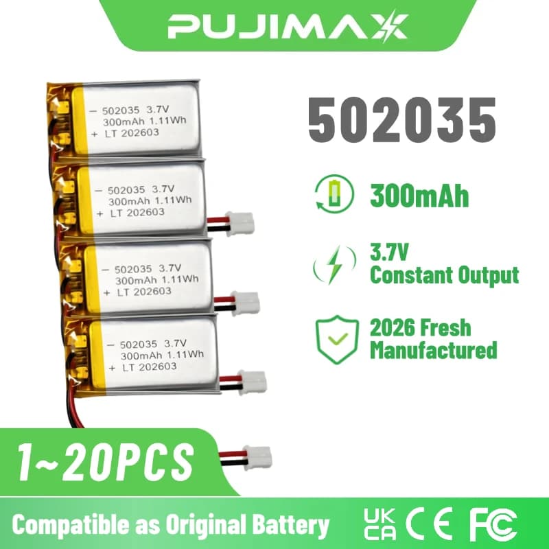 PUJIMAX 502035 3.7V Lithium Polymer Battery 300mAh Rechargeable Battery for Game Controller GPS Navigator Audio Devices