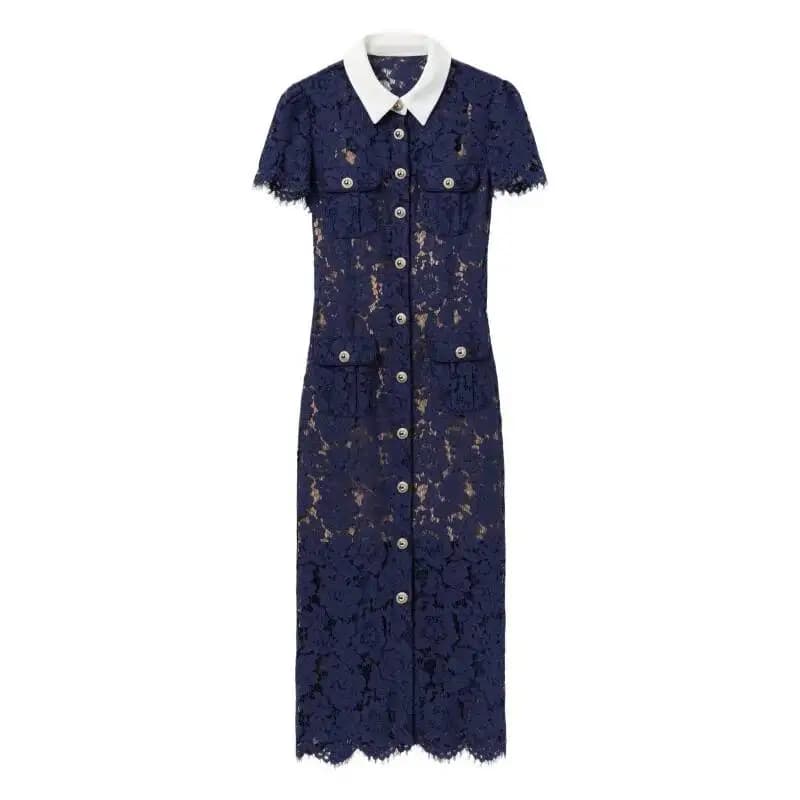 Abito da sera formale ricamato Abito estivo da donna di lusso scava fuori monopetto manica corta colletto bianco abiti lunghi in pizzo blu