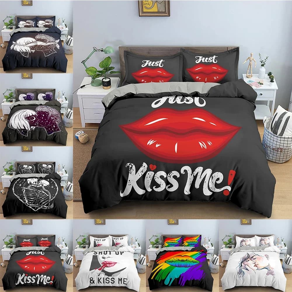 Set Copripiumino Labbra Rosse, Motivo Bacio d'Amore, Set Biancheria da Letto Romantica, Regalo per San Valentino, Copripiumino con Stampa 3D Bocca