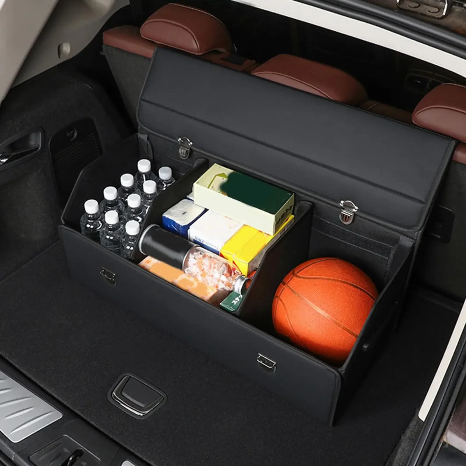 Organizzatore per bagagliaio per auto Organizzatore per bagagliaio per SUV Contenitore per carico in pelle impermeabile Accessori per veicoli pieghevoli per camion SUV