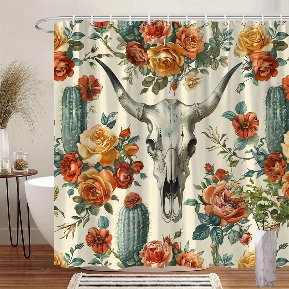 Elegante tenda da doccia sudoccidentale - Decorazione da parete appesa con testa di toro con cactus e fiori per soggiorno e camera da letto