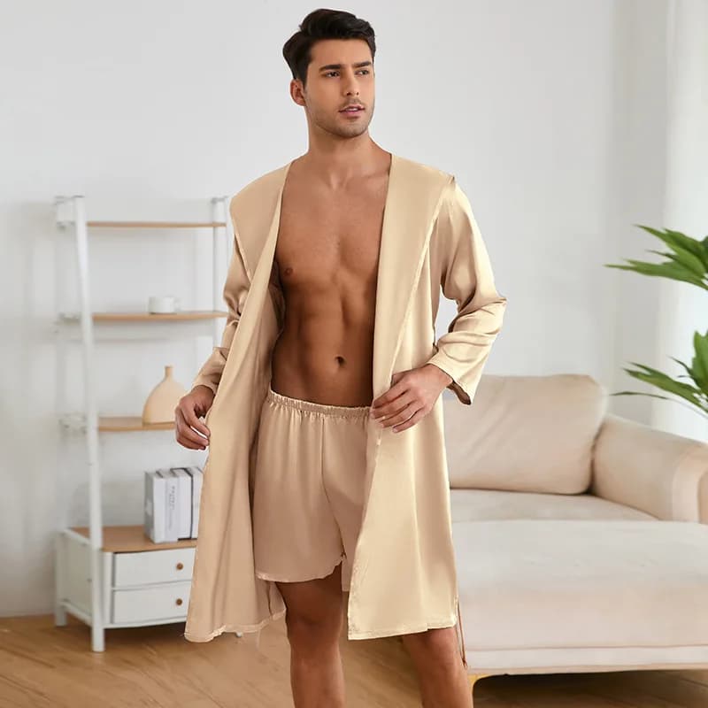 New Men's Robe Shorts Suit Two Piece Pajamas Sleepwear Loose Casual Hooded Bathrobe Gown Loungewear Ice Silk Homewear Lingerie