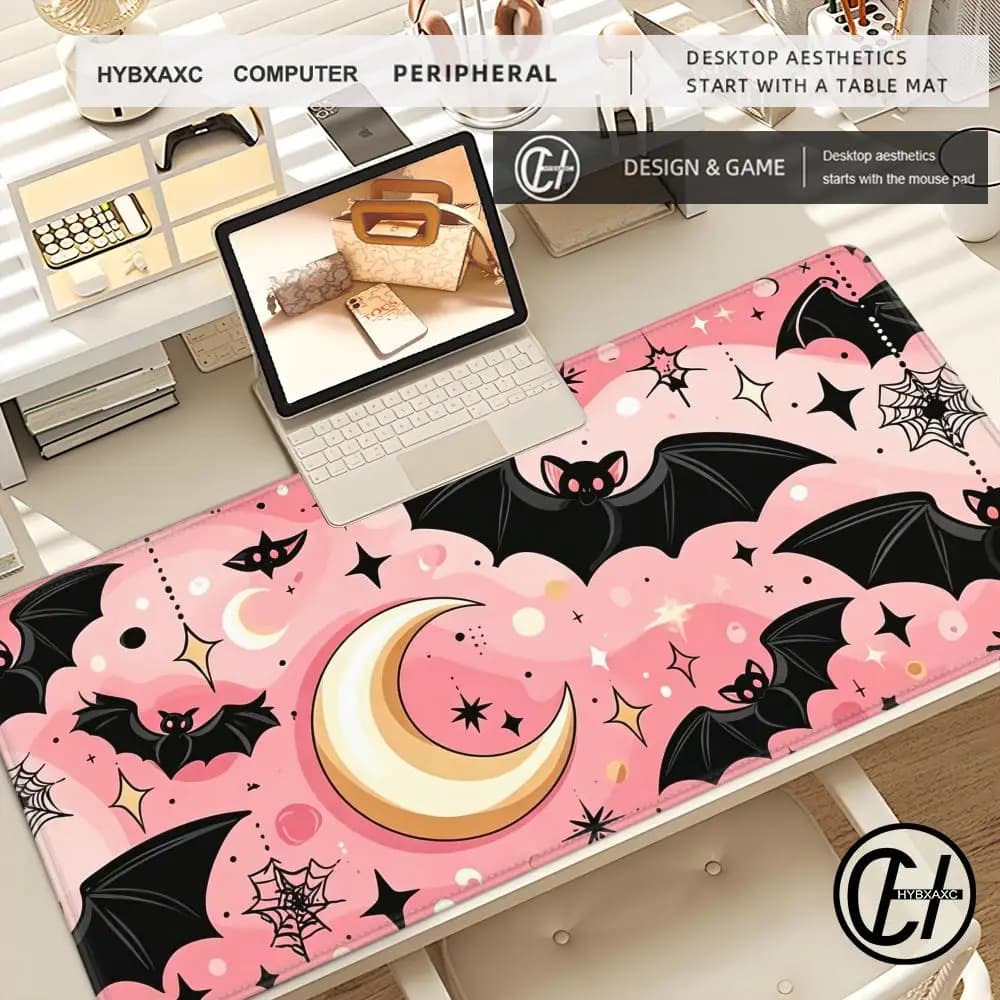 HYBXAXC Gothic Cute Mouse Pad - Pink Bat Moon Design Large Gaming Desk Mat, Non-Slip Rubber Base, Smooth Surface for PC & Laptop