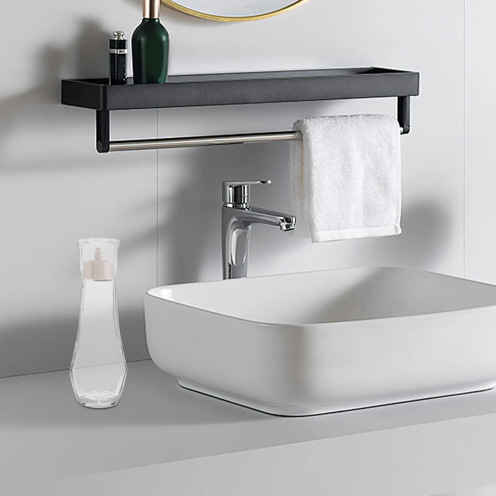 Dispenser per collutorio in vetro da 2 pezzi, 8,8 Oz, trasparente, ricaricabile, da appoggio per bagno, per collutorio, sapone, shampoo, balsamo