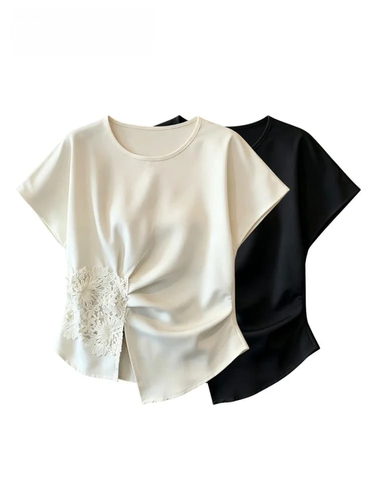 Loose Short Sleeve T-Shirt Women plus Size Summer Fashion Casual Irregular Hem Top for Plump Sister Polyester Fiber round Neck