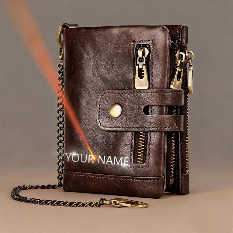 New Genuine Leather Women RFID Wallet Name Engraving Card Holder Vintage Unisex Zipper Coin Purse High Quality Men Money Clips