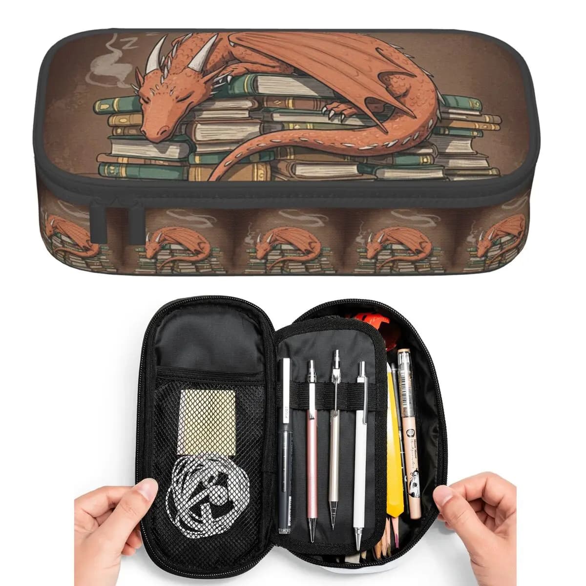 Simpatico drago che dorme su un libro, astucci per matite per studenti, astuccio per penne, astuccio per matite di grandi dimensioni, porta penne