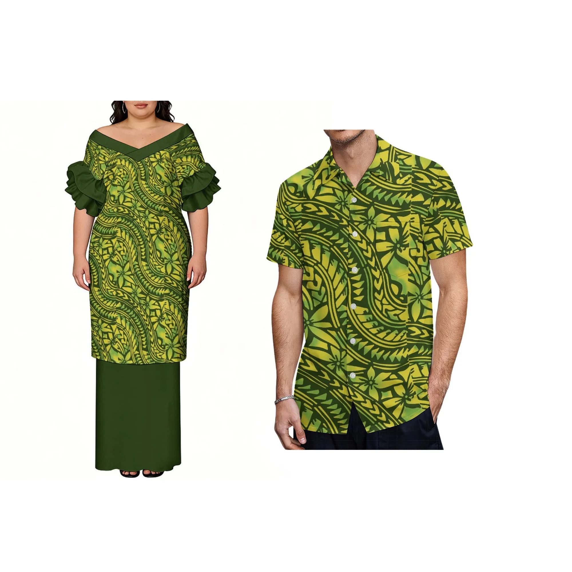 Hot Custom Plus Size Teal Lime Abstract Tribal Print Off Shoulder Ruffle Top Solid Band Long Skirt Women Two Piece Puletasi Set