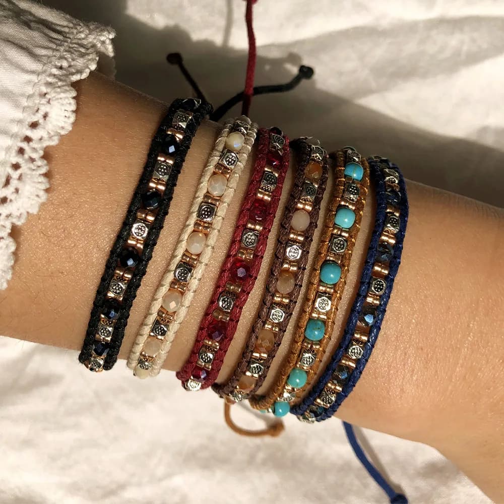 Bracciale Artigianale Bohemien in Cristallo da Donna, Stile Etnico, con Cordino in Pelle, Gioielli alla Moda, Materiali Misti: Stella/Luna/Nuvola/U...