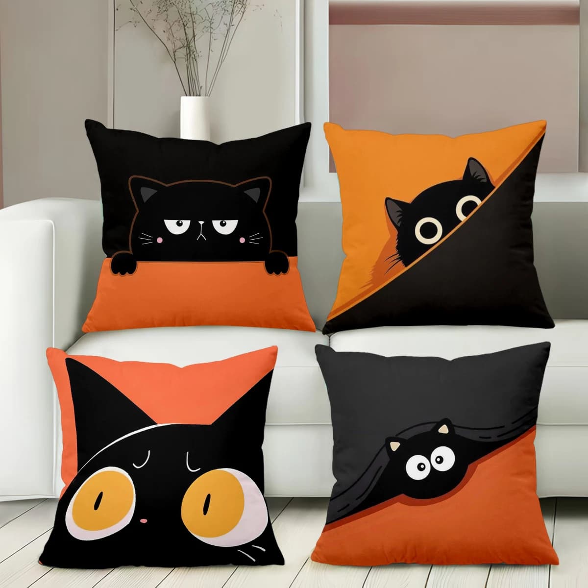 Cuscini decorativi con motivo simpatico gatto nero, cuscini decorativi arancioni e neri, federa in poliestere, cuscino decorativo per divano, cuscino per testiera