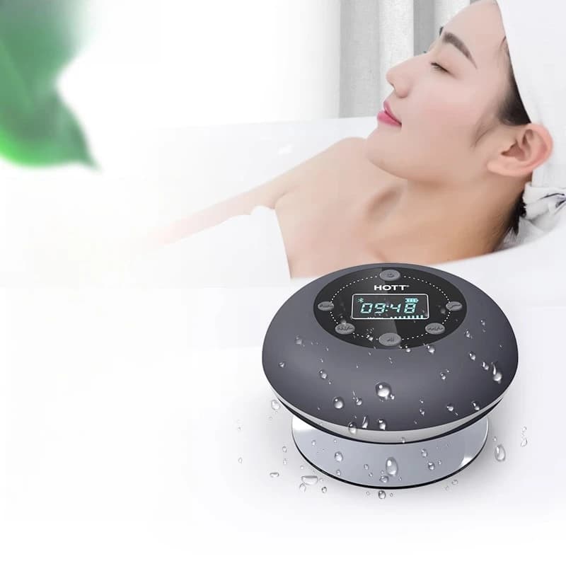 Bluetooth waterproof shower speaker with suction cup, stereo bath speaker for bass, FM radio, speaker with wireless microphone