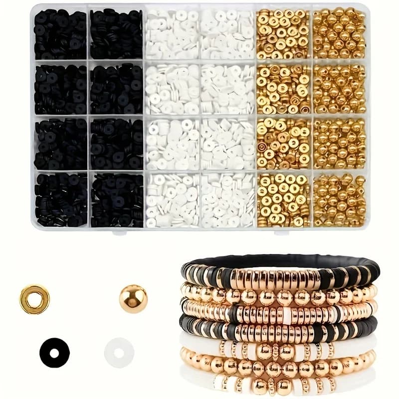 2000pcs, Black and White Soft Pottery Piece Gold Spacer Bead Round Bead Set Box, Couple Bracelet, DIY Jewelry Bracelet