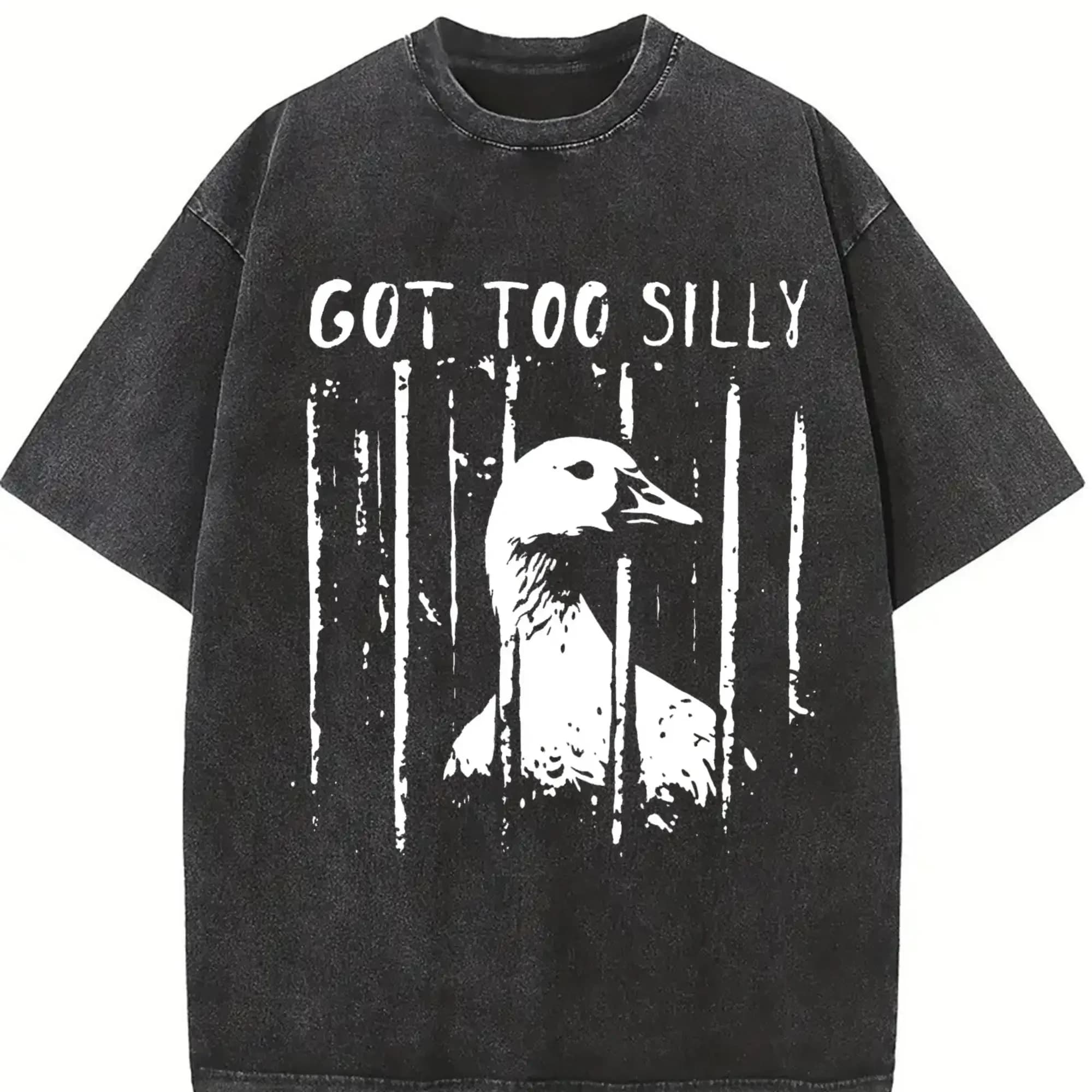 Unhinged Goose Got Too Silly Jail Meme Heavyweight Boxy Fit T-Shirt Vintage Washed Oversized Pure Cotton Graphic Tee DTG Printed