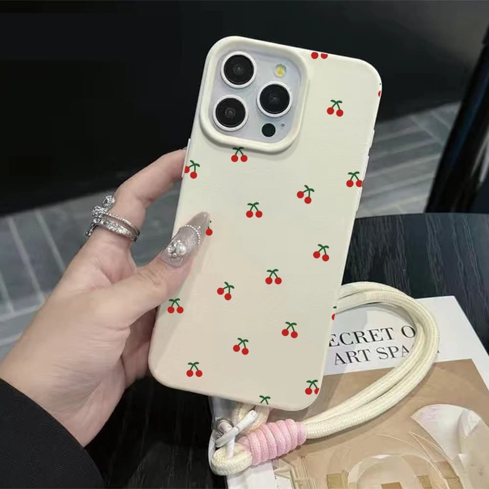Little Cherry Strap Rope Phone Case For iPhone 17 16 15 14 13 12 Pro Max 16 15 14 Plus 17 16 15 Pro 17Air Silicone Matte Cover