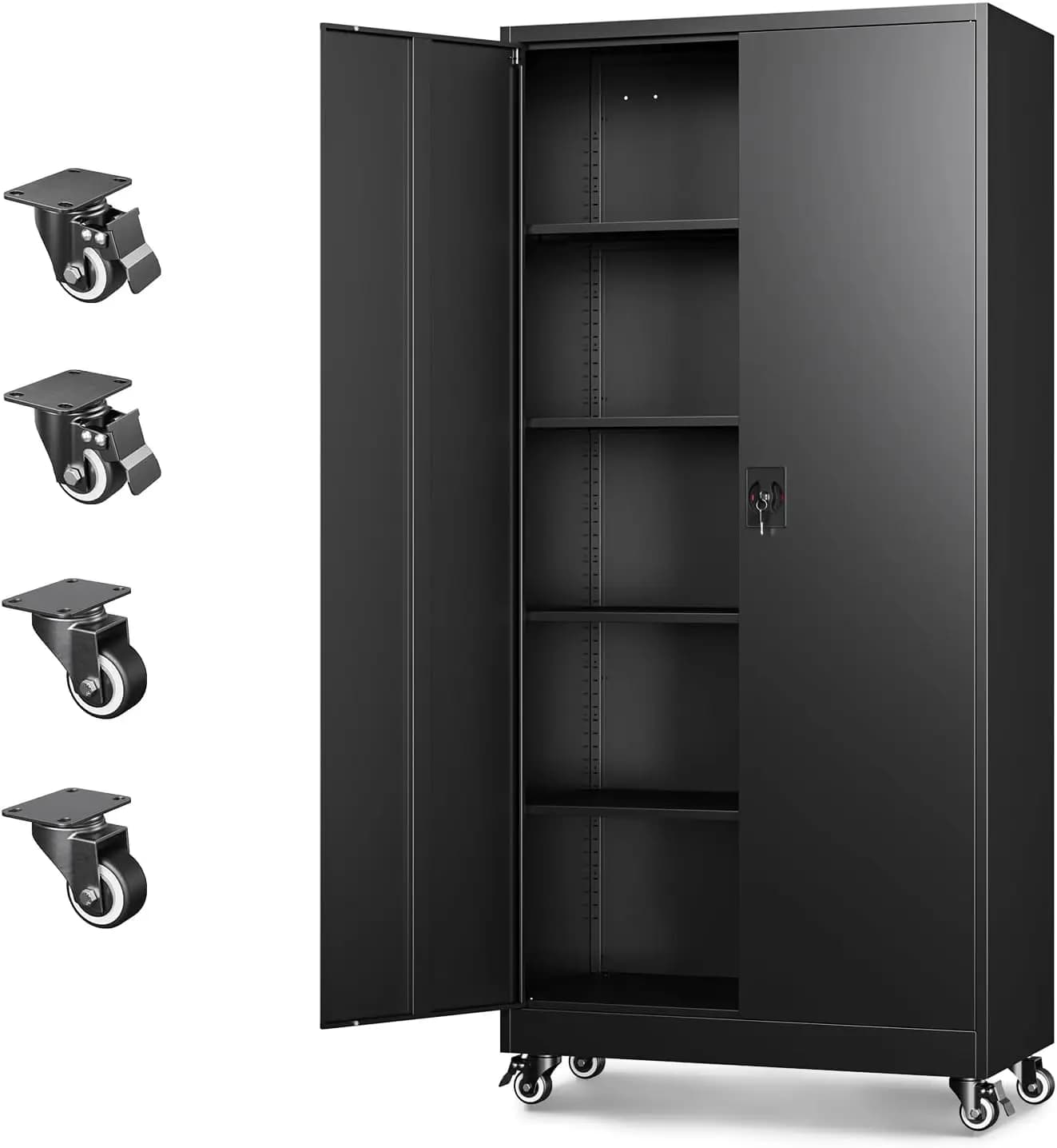 Rolling Metal Garage Storage Cabinet Heavy Duty Steel Tool Cabinet With Locking Doors And Adjustable Shelves Multi Functional Organizer For Home Office Warehouse Workspace, Black