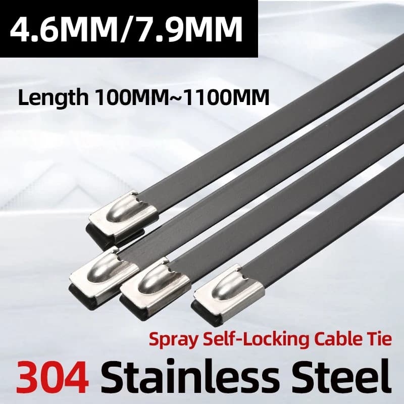 100pcs fascette per cavi in acciaio inossidabile 304 4.6MM 7.9MM larghezza 100-1100mm nero autobloccante fascette metalliche completamente spruzzate personalizzabili