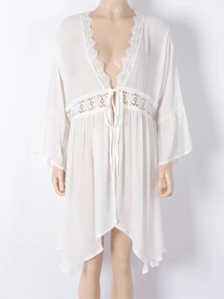 Summer Cover Ups Women Swimsuit Long Sleeve Robes Bathing Suit 2025 New White Beach Holiday Mini Dresses Cover-Up