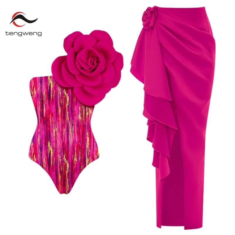 2024 Sexy Sling Ruffle Solid Due pezzi Bikini Donna Vita alta 3D Fiore Costume da bagno Gonna Estate Backless Beachwear Costume da bagno
