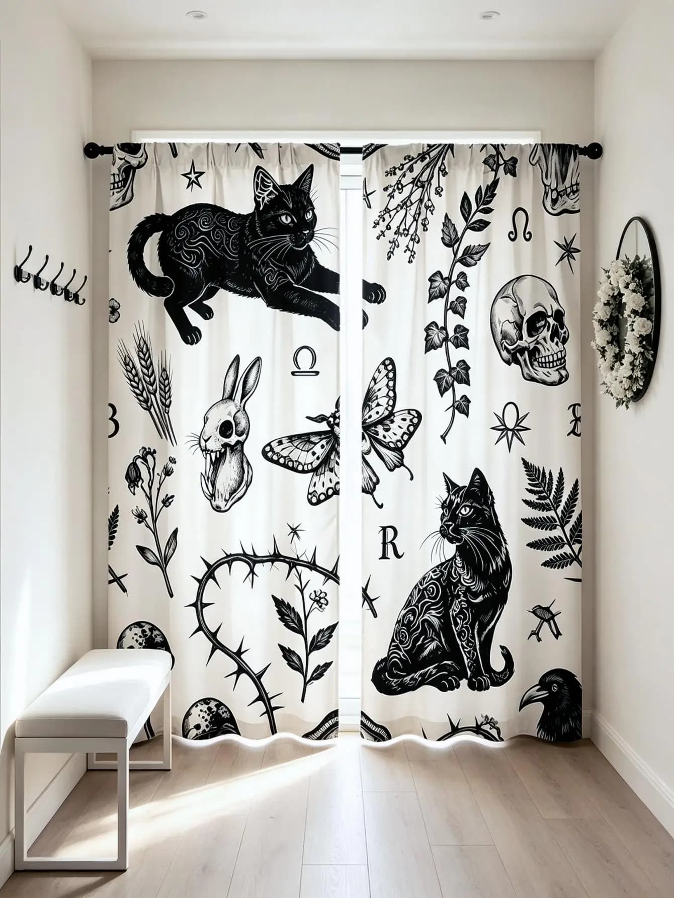 2PCS Digital Print Curtain, Thorn Black Cat Halloween Gothic, Spooky Dark Feline for Living Room Bedroom Kitchen Decor