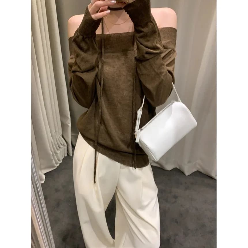 Nuovo Top Primaverile Sottile in Maglia con Spalle Scoperte e Sciarpa Pendente, Casual e Traspirante per Donna