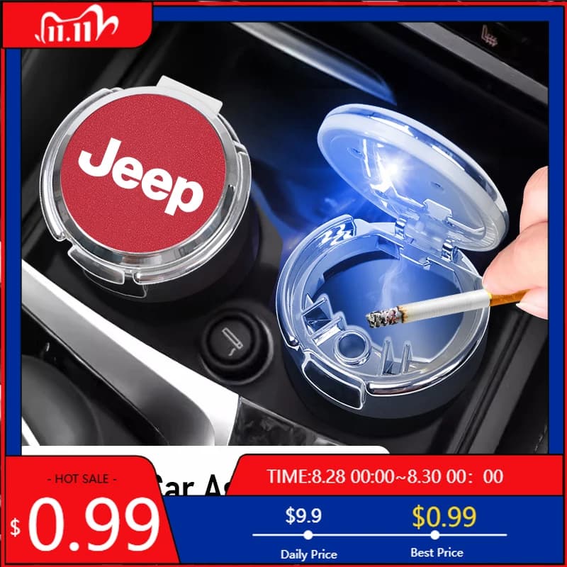 Cup Holders Car Ashtray LED Light Portable Ashes Ash Accessories For Jeep Grand Cherokee Wrangler JK Gladiator Compass Renegade