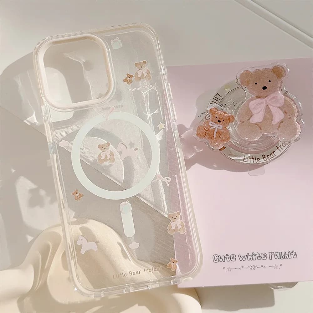 Magnetic phone case with bracket for Korean cartoon bear for iPhone 17 16 15 12 13 14 Pro Max Transparent shockproof case with wireless charging