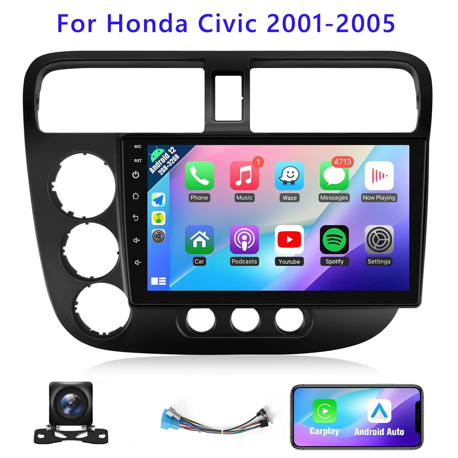 New 9-inch wireless car stereo for Honda Civic 2001-2005 CarPlay Android Auto Touchscreen Autoradio with GPS rear camera WIFI FM