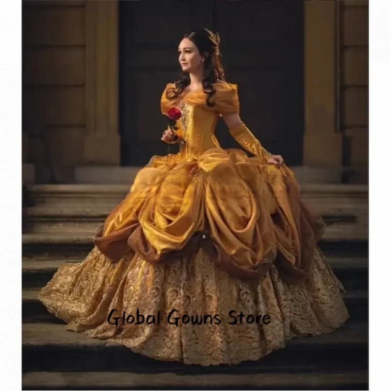Gold Princess Evening Dress Luxury Strapless Satin Pleated Embroidered Appliqued Opera Halloween Customised Party