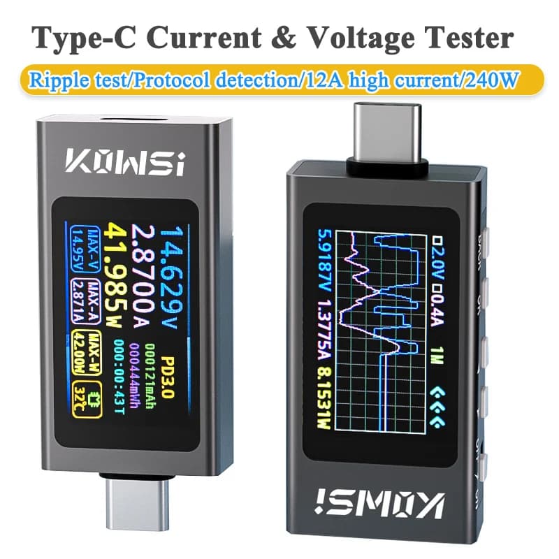 KWS-X1 4V-30V 12A Type C Tester Voltmeter TYPE-C Amperometer Detection Quick Charge Measurement of Activation Capacity Measuring of Ripple