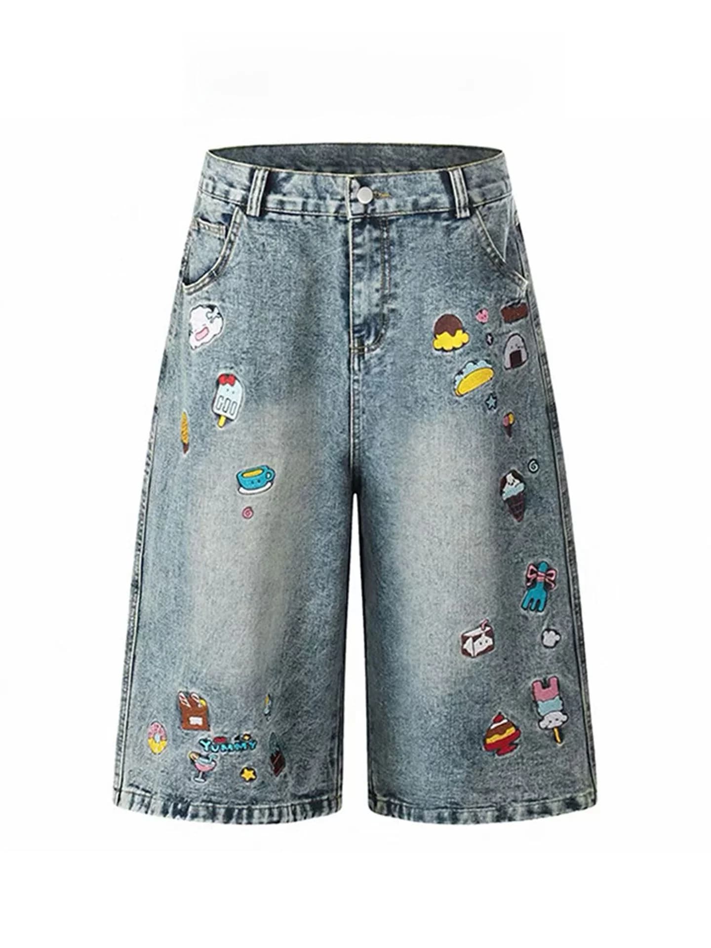 Retro American Blue Jeans Short Pants Women Summer Thin High Waist Slimming Loose Embroidered Seven-Five Middle Pants