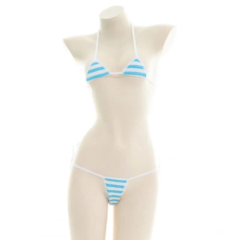 Japan Lolita Kawaii Blue Pink White Striped Mini Bikini Adult Cosplay Women Bra Underwear Set Frenum Swimsuit