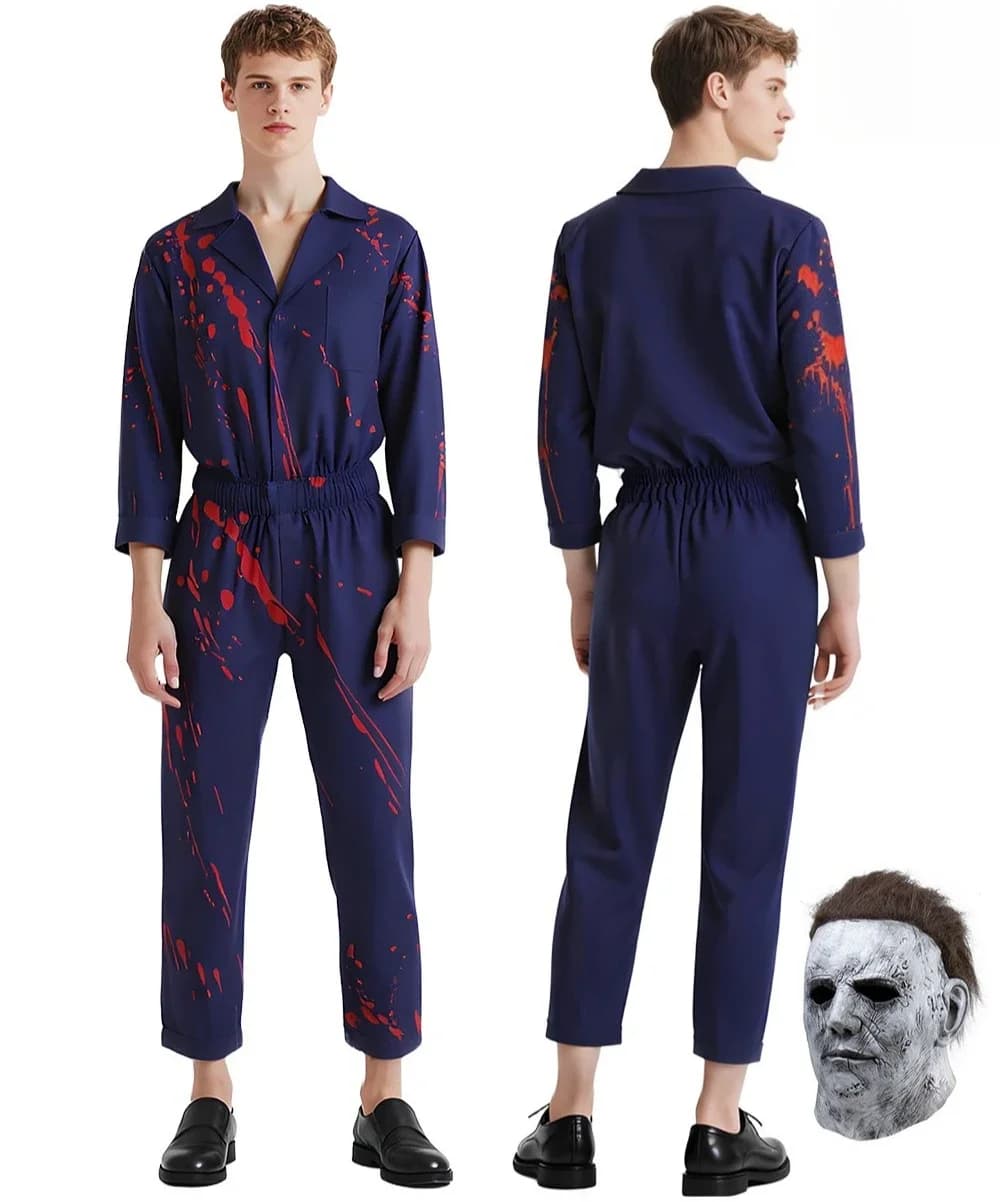 Halloween Michael Myers Cosplay Costume Horror Demon Killer Blue Working Clothes Jumpsuits Mask Prop Knife Halloween Adults Kids