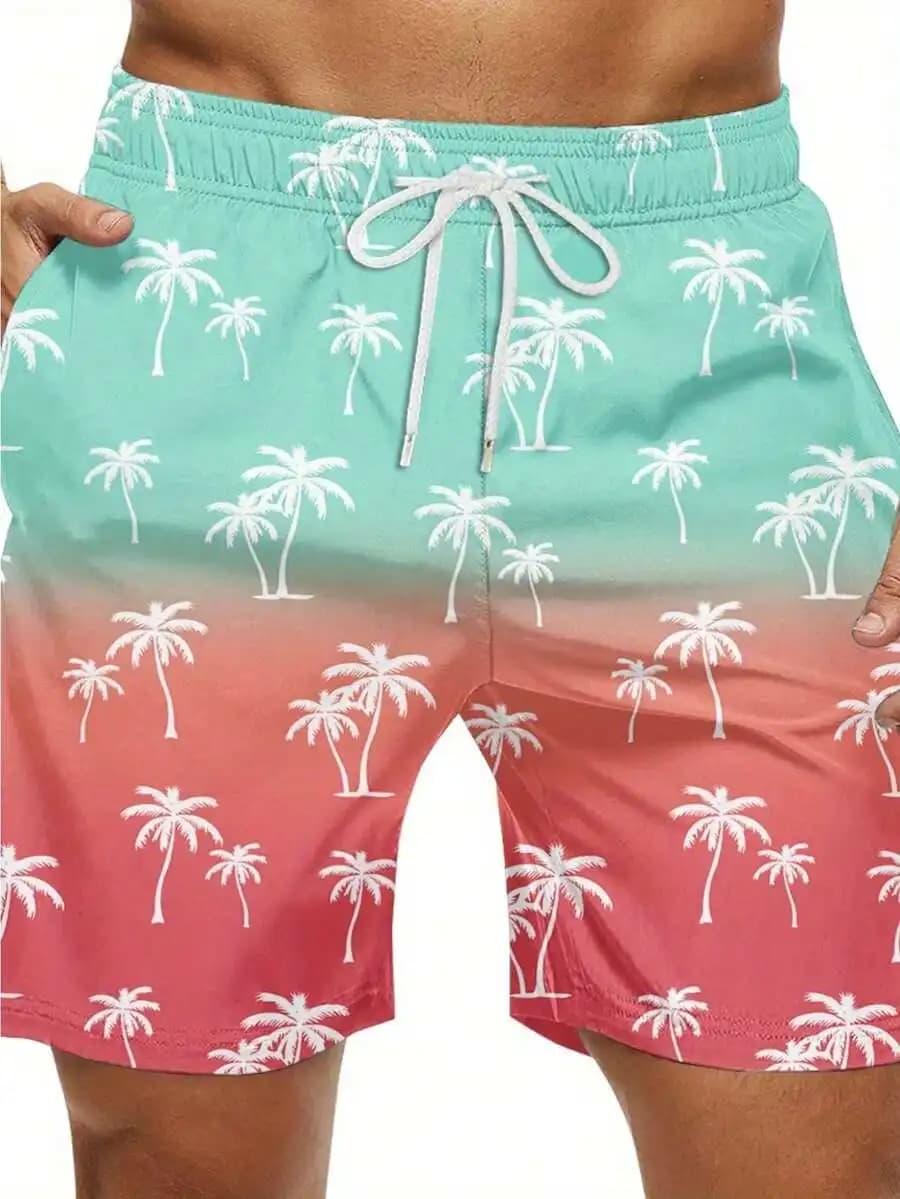 Mens Palm Tree Print Casual Shorts Lightweight Breathable Quick-Dry For Beach Golf Camping