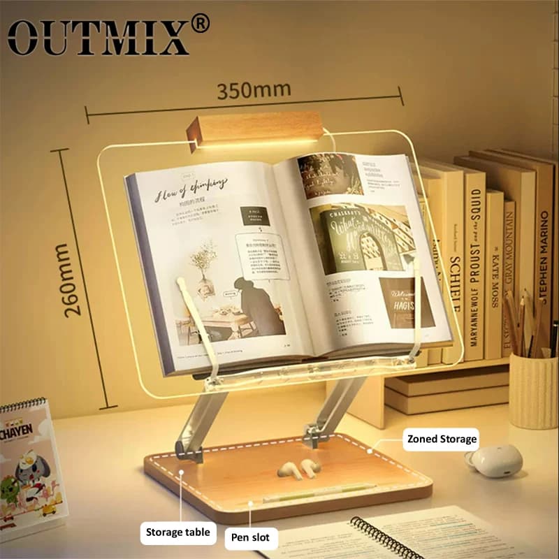 Wooden reading stand with light, transparent acrylic, multifunction, height adjustable, tablet and laptop, with desk and bookcase