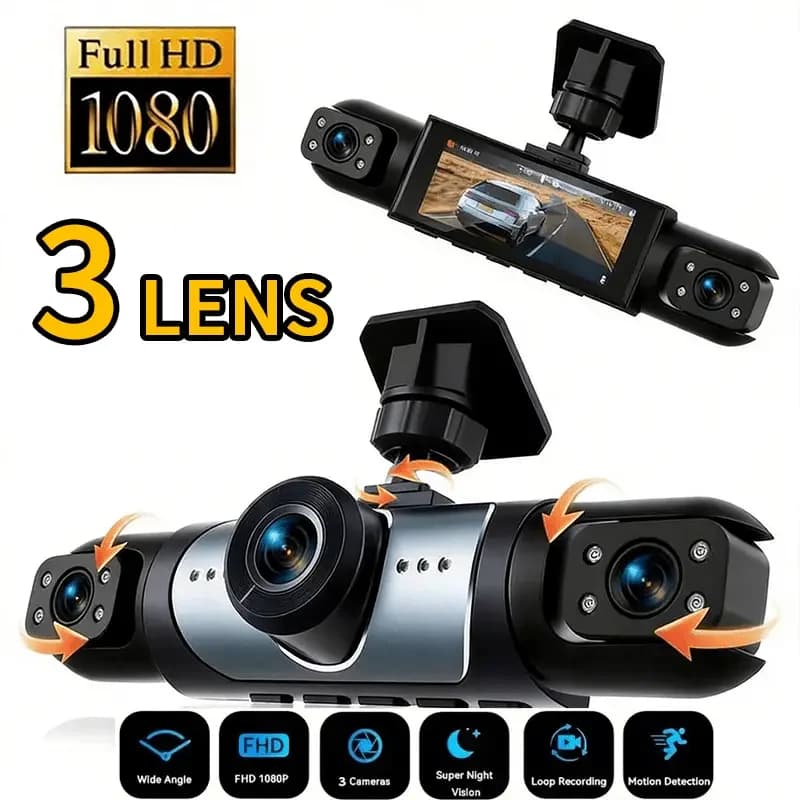 360° panoramic three-channel dashcam, G-sensor, 24-hour parking monitoring; SD card not included