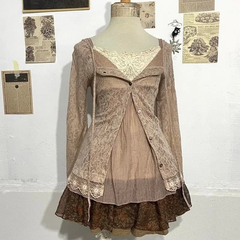 Set di 2 Pezzi Stile Lolita Gotica Dolce, Outfit Vintage per Donne, Cardigan Carino e Mini Abito con Spalline Y2k, Set Harajuku per Feste