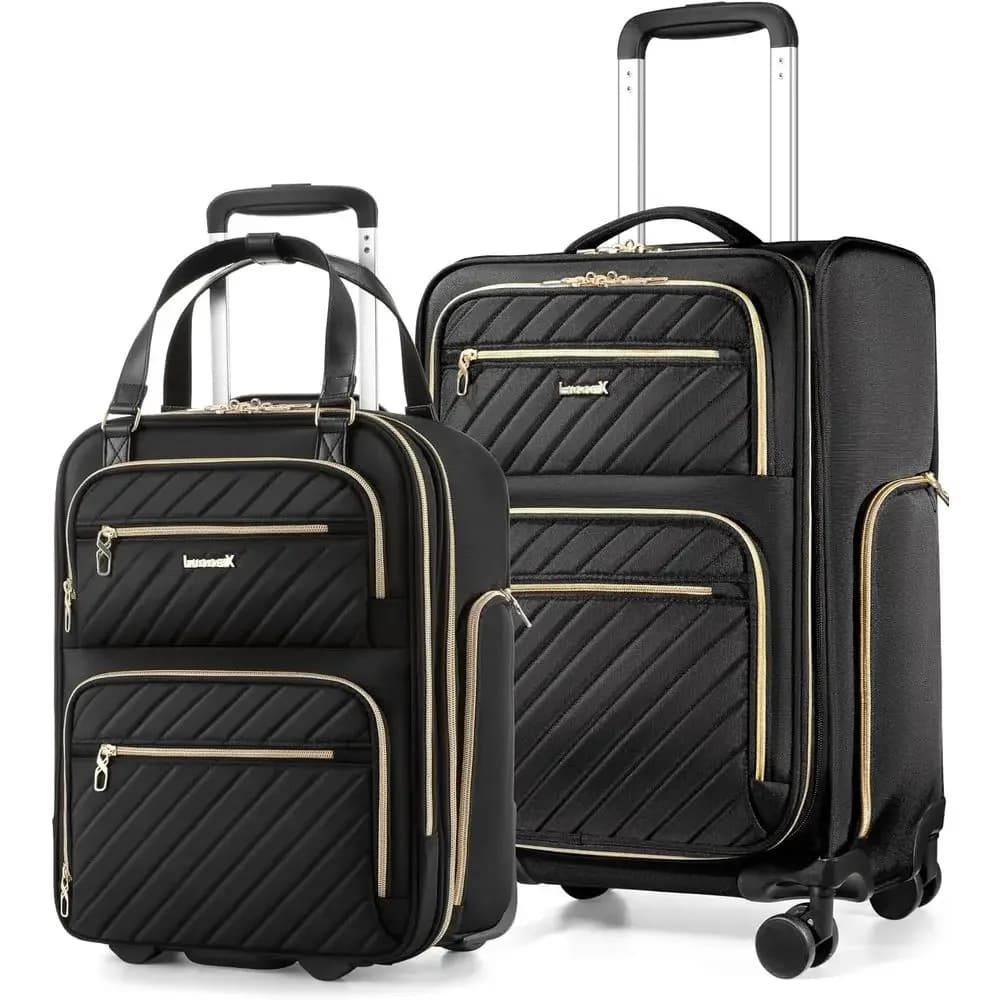 2-Piece Lightweight Carry-On Luggage Set with Wheels, 17 Underseat Bag & 21 Expandable Suitcase, Black