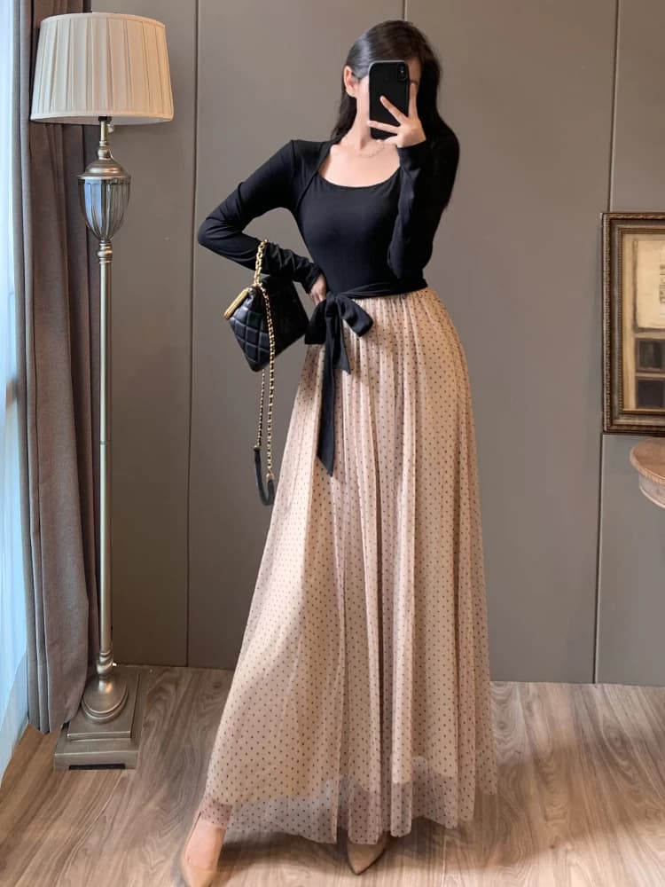 Retro Slim Fit Black Polka Dot Mesh Dress Winter High Waist Square Collar Gown Elegant Long Skirt Breathable Soft Fabric A-Li...