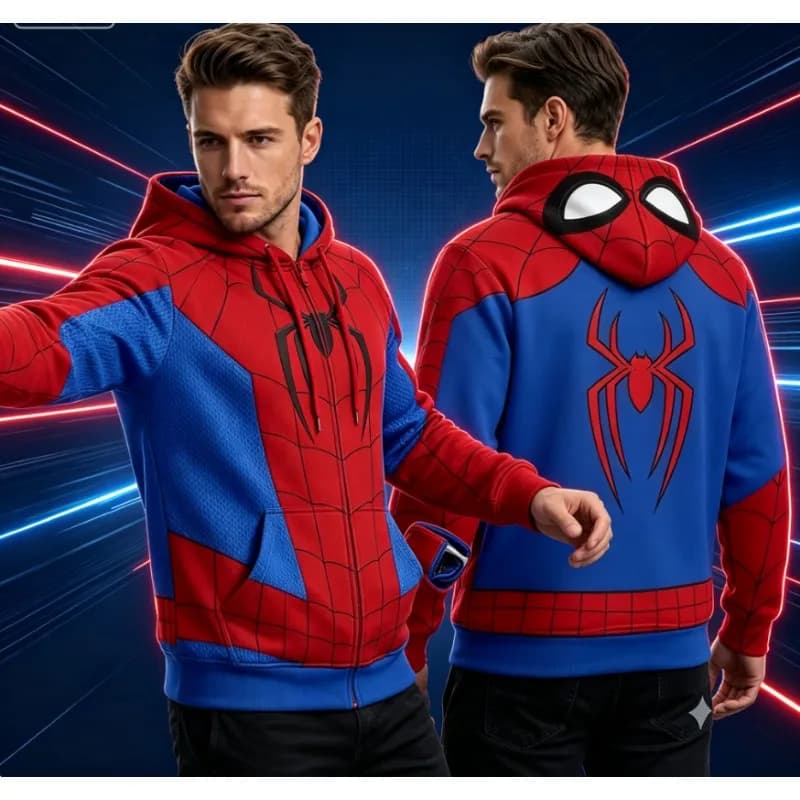 Unisex Fashion Spider Pattern Cosplay Hooded Jacket Red Blue Colorblock Hoodie Casual Y2K Streetwear Long Sleeve Sweatshirt Top