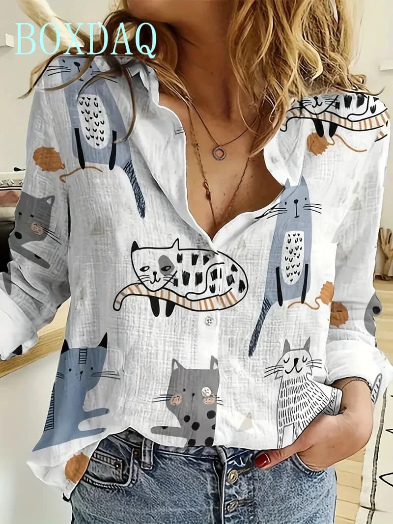 Camicie a maniche lunghe con stampa moda donna Simpatici animali Gatti Pesce Cani Camicette con stampa Top Primavera Estate 2025 Camicia casual streetwear
